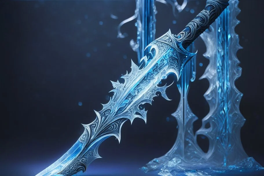 A fantasy sword that is a slender, translucent blade made of ice, shimmering with an ethereal blue glow. Its hilt is crafted from swirling vines, leading to a vibrant crystal at the pommel. With a black background behind it.