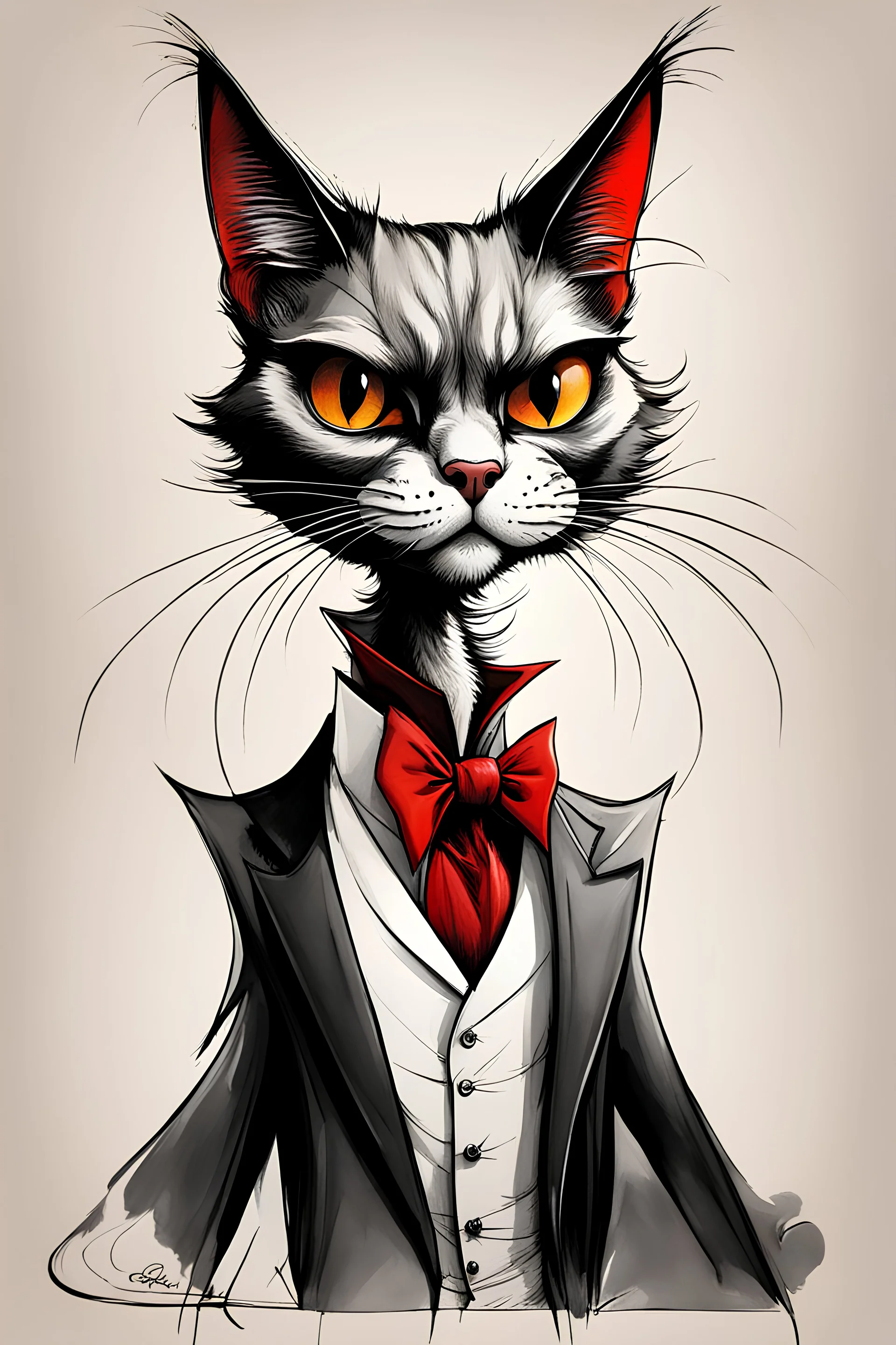 create a wild full body caricature of a refined and sophisticated female vampire cat, highly detailed with refined feline features in the caricature style of Gerald Scarfe and Ralph Steadman, precisely drawn, boldly inked, vividly colored, 4k