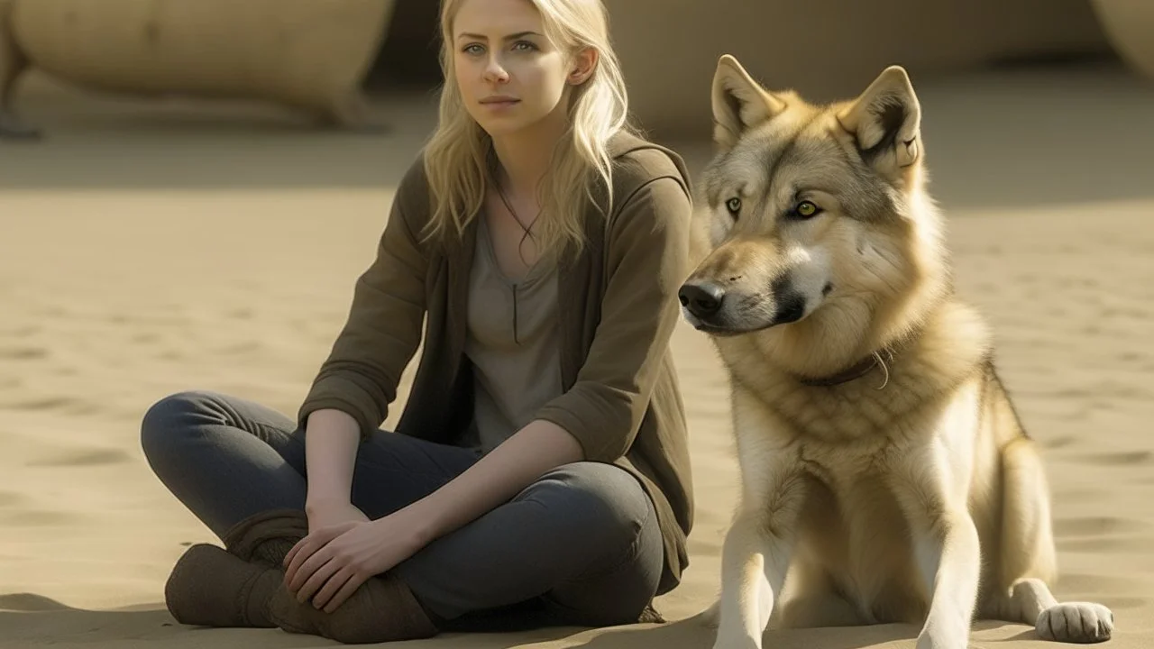 A Caucasian woman in her 20s with blonde hair sitting on the ground leaning against a standing wolf, both in a sandy environment