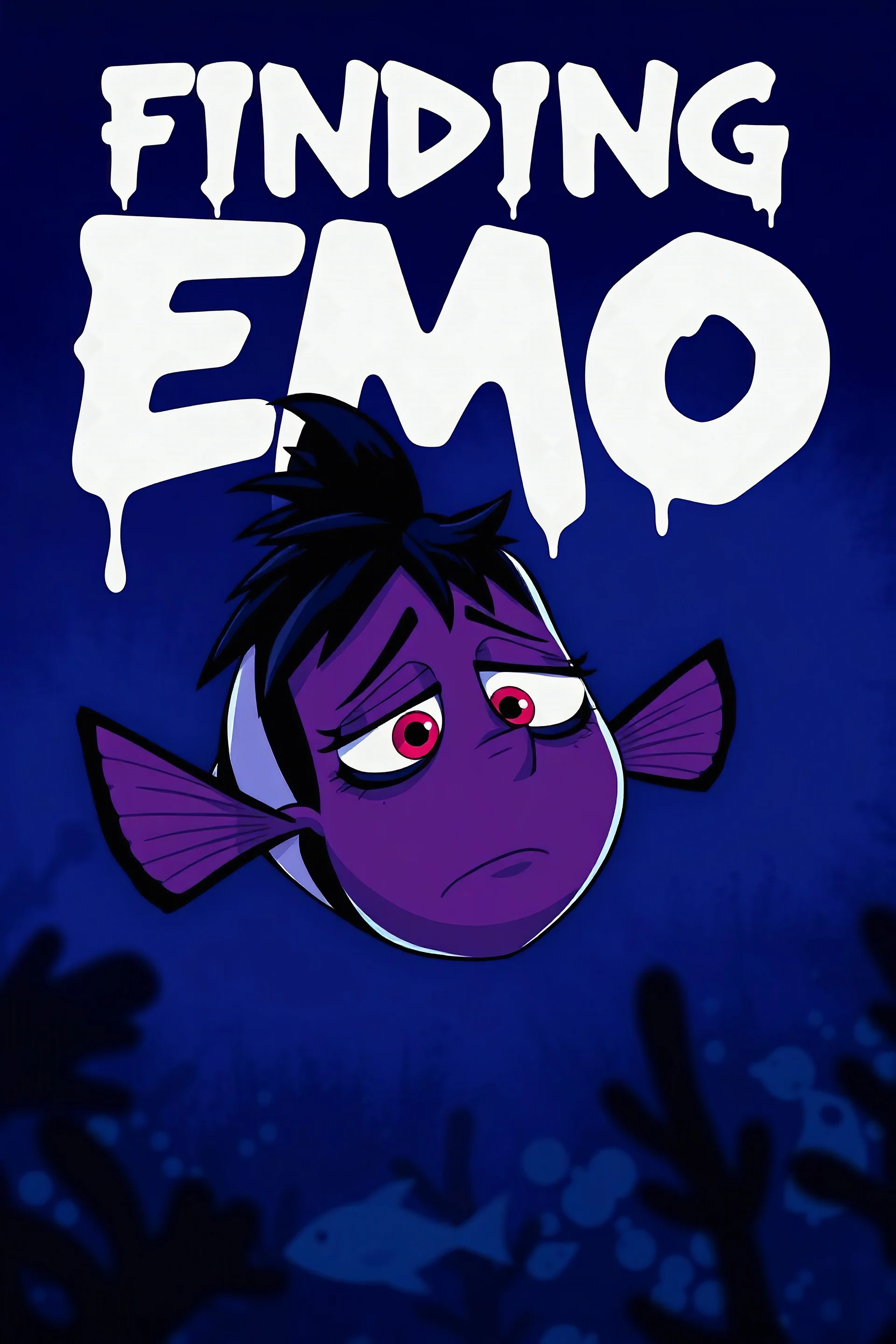 A digital illustration of a movie poster titled “Finding Emo”, finding nemo parody poster, featuring a depressed cartoon clownfish with black emo hair, eyeliner, and piercings, a bored expression, swimming in a dark underwater scene, in the background, movie title in a dripping, grungy font, moody blue and purple colour palette