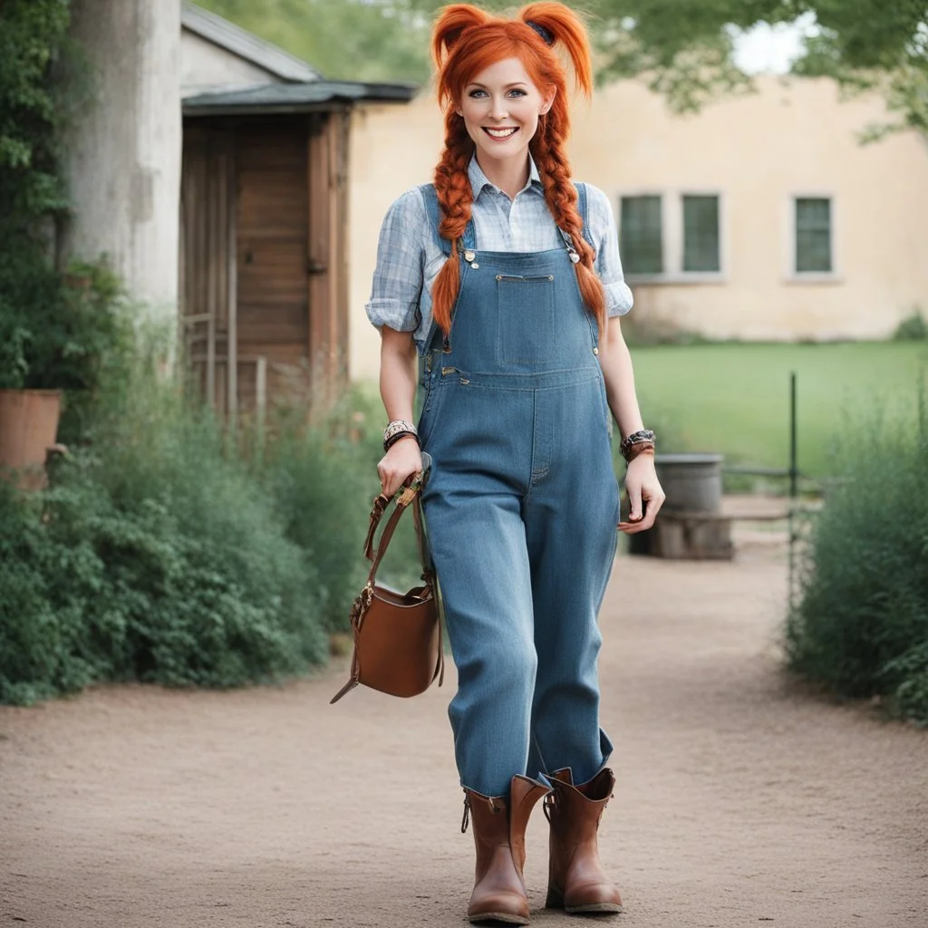 Grown up Pippi Longstocking: with an overalls and cowboy boots