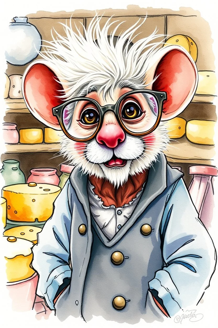 SKETCH WATERCOLOR PASTEL COLOURS - “Mr. Whiskers McStreusel old mouse inside his magic cheese shop, a wiry fellow with wild white hair and glasses so large they practically covered his whole face.”