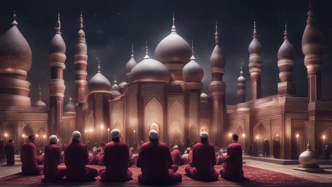 Hyper Realistic lots of Muslim-Men praying outside a Massively-Huge-Beautifully-Crafted-Maroon-&-Silver Mosque with detailed-minarets & Ramadan-Light-Decorations-&-Lamps at beautiful-dark-night with dramatic-&-Cinematic-Ambiance