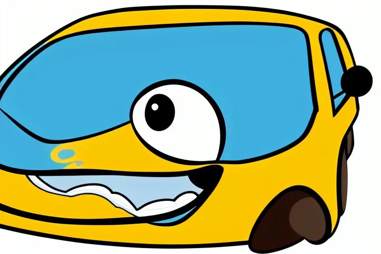 whimsical cartoon car with big eyes and its front grill forming a friendly smile, with a mouse character riding on it.