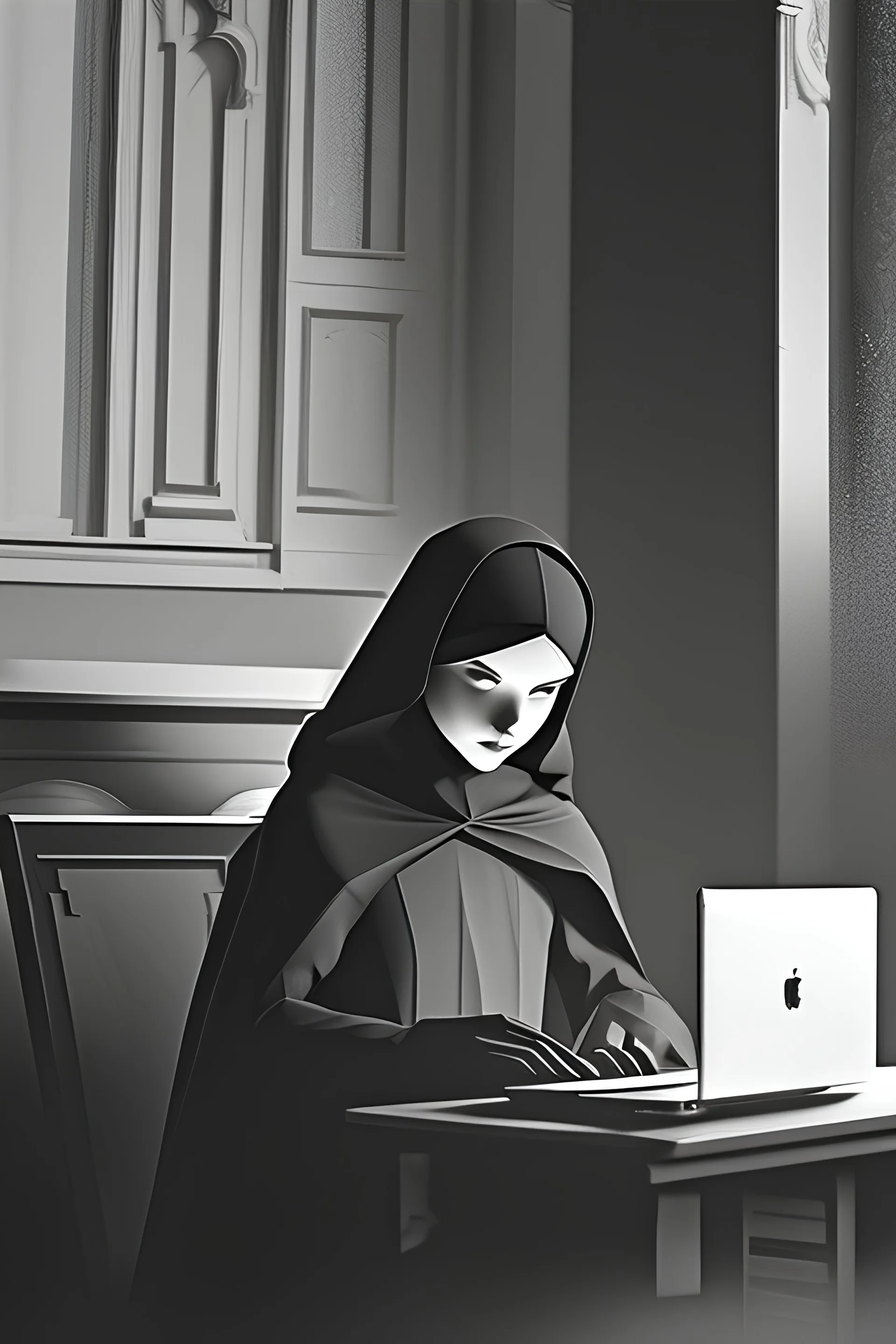 . A monochromatic scene of an old building being taken over by digital realms, as if merging both physical and virtual worlds together. A young woman wearing traditional clothing is seated at her laptop in the center of this chaotic scene, creating a contrast between traditional values and modern technology. Rendered in a minimalist art style with sharp edges and contrasting shadows for an eerie atmosphere.