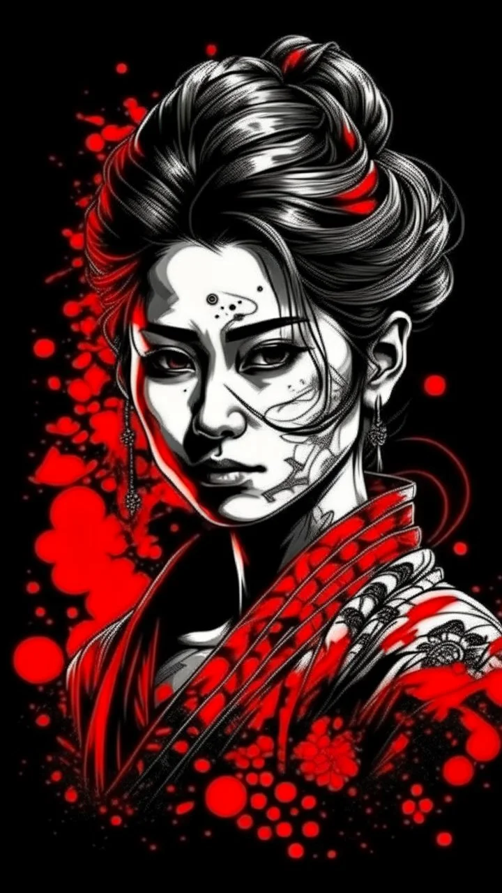 portrait of yakuza lady, Japanese art style, red and black color splash