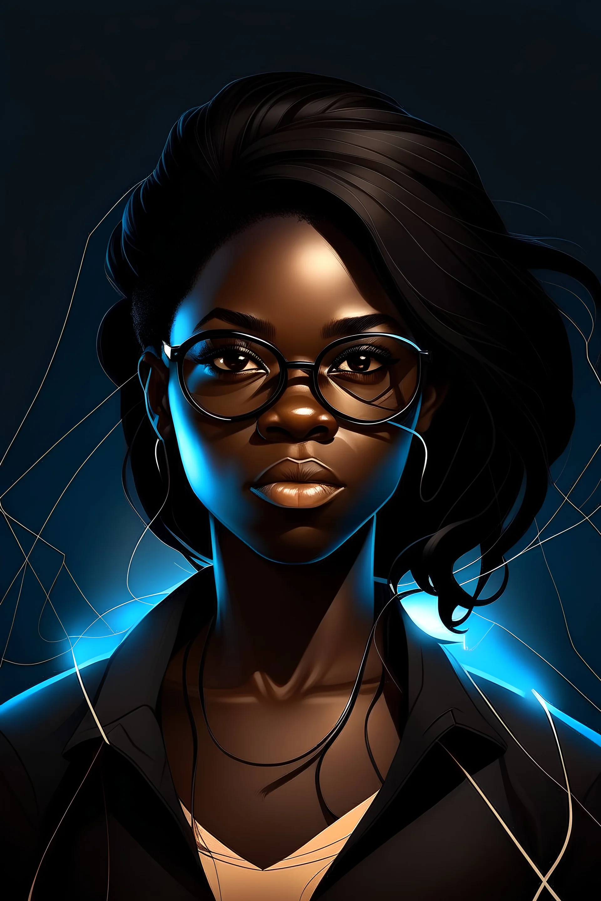 Generate me an image of a dark hair black woman with a bit shorter hair than shoulder length that is a software developer and has a blindfold. she have lightning super powers as well