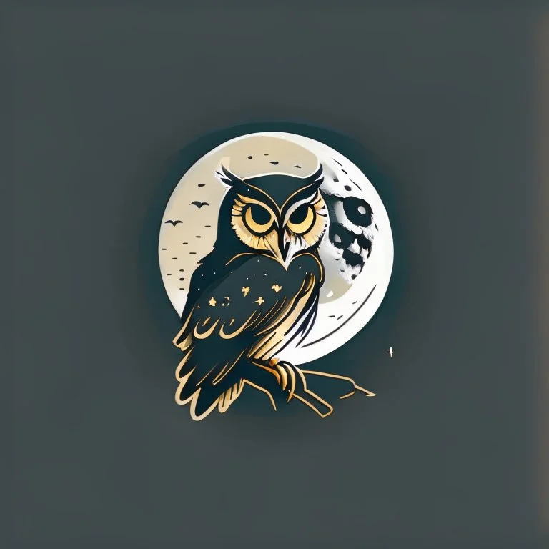 Owl + moon. Logo design minimalist. Soft colors. Dark