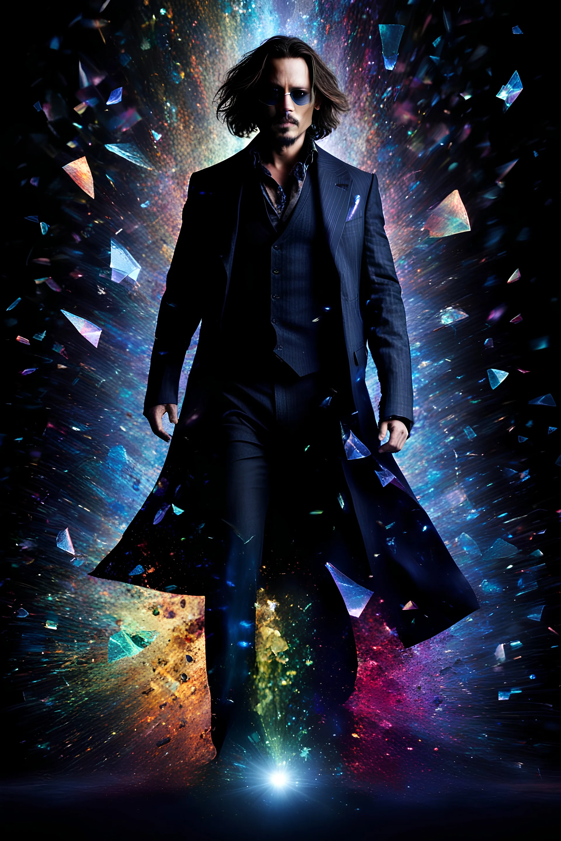 Johnny Depp - pitch-black background with a blue glowing overhead spotlight effect, multicolored shards of broken glass, prism effect, mosaic effect, time travel, space voyages, superheroes, moving really fast