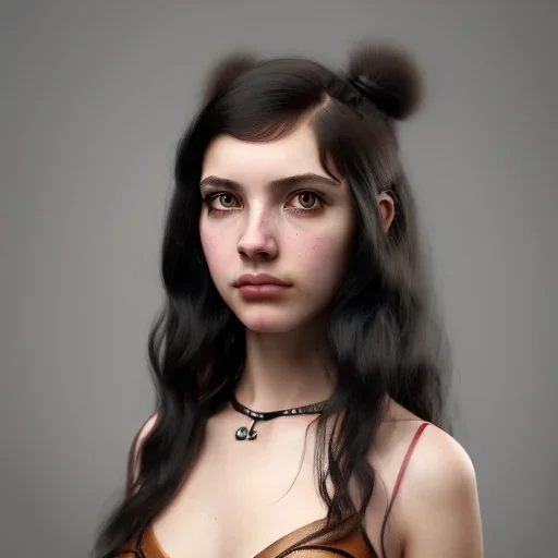 portrait of a teenager girl with mid-length wavy black hair and amber eyes,steampunk