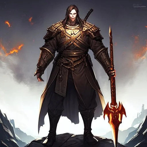 Sauron, the mighty lord of darkness, standing on a rock in the dark land of Mordor, a super-hero man of infinite power and technology of the galactic race, with a great army, a large moon disk behind him, and a fiery sword in his hand