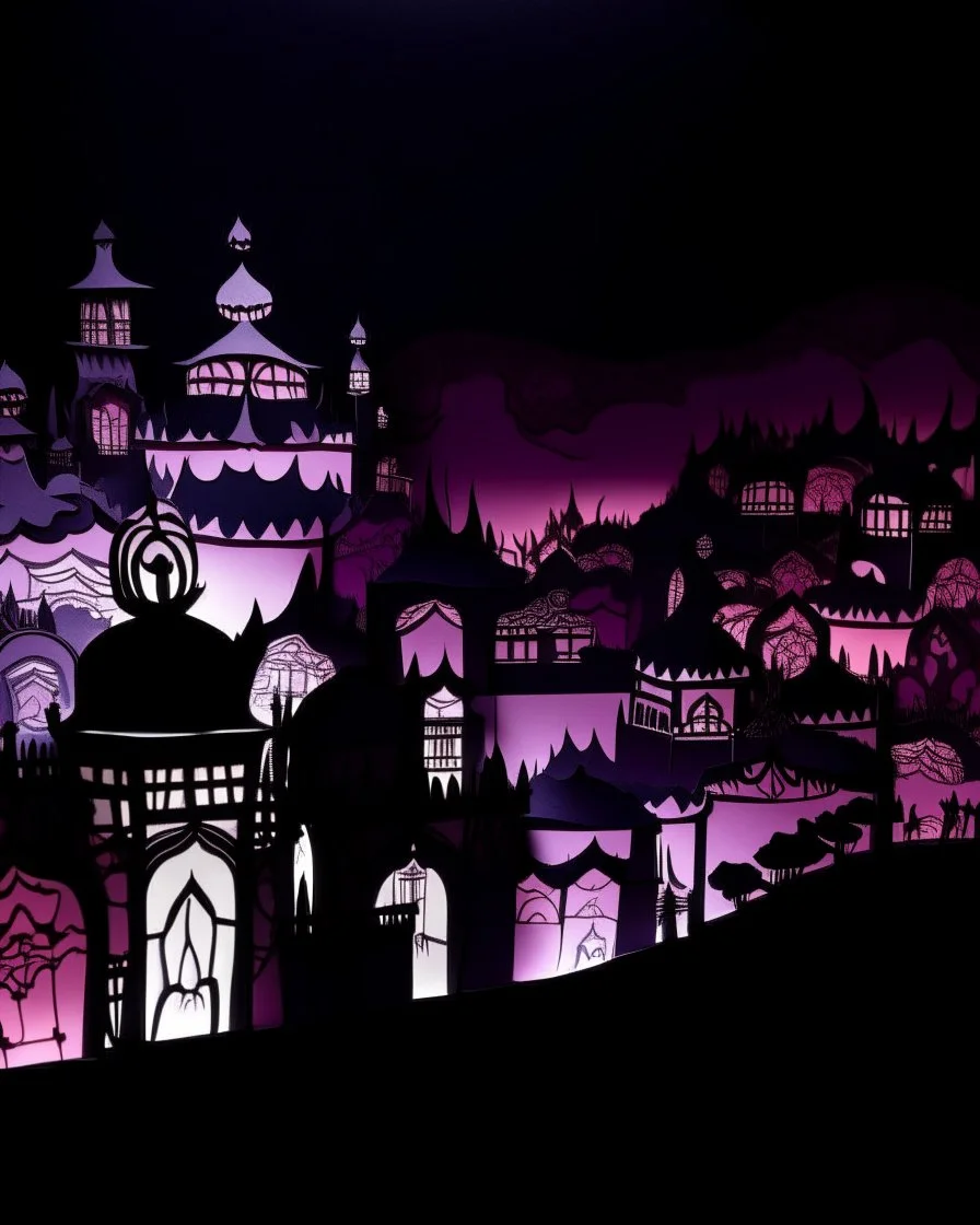 A dark magenta stronghold in a city at twilight designed in Javanese shadow puppets painted by Peter Carl Faberge