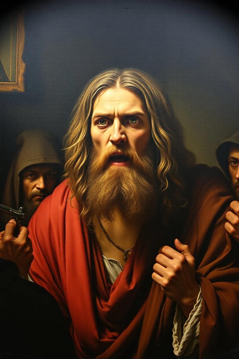 pin hole cam, master oil painting by Rembrandt, realistic rendering Portrait of the angry Jesus in the temple of thieves