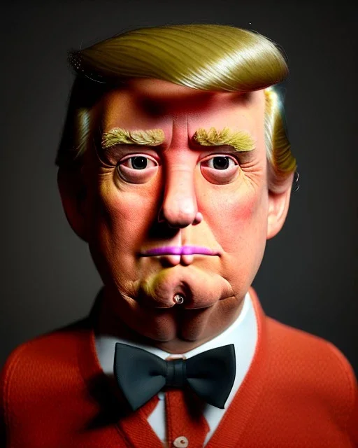 Waist up Portrait, Donald trump muppet, Wes Anderson style, photo studio, unreal engine 5, god lights, ray tracing, RTX, lumen lighting, ultra detail, volumetric lighting, 3d.