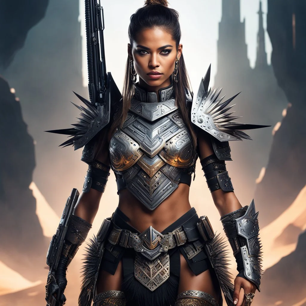 Imagine a futuristic world, a digital art masterpiece come to life. A female warrior, clad in intricate tribal armor adorned with menacing spikes, stands tall holding a firearm that blends ancient tribal design with advanced technology. Her eyes, a reflection of the artificial intelligence within her, exude determination and power. She wields a pistol in one hand and a rifle in the other, ready to face any threat. The backdrop is a post-apocalyptic landscape, where fire rages in the distance and