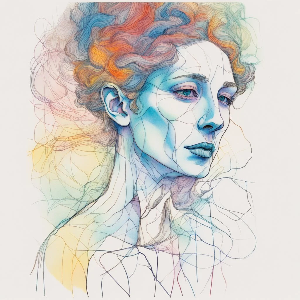 o schita grafica in penita cu tus color , cu linii si hasuri subtiri cu variatii impresioniste cu o culoare tare ,reprezentand o imagine de paranormal a unei compozitii impresioniste cu pastel in stil Jean Cocteau si in stil minimal art