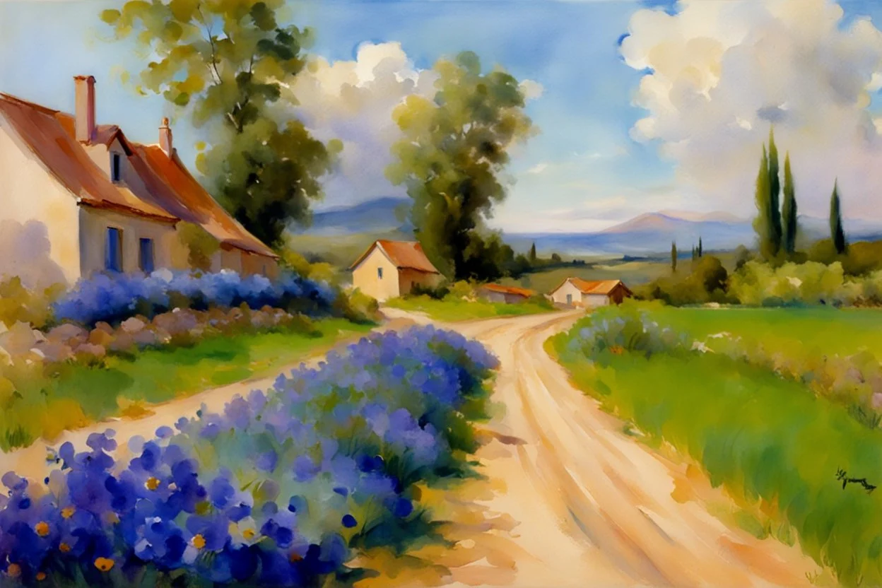 Sunny day, clouds, dirt road, flowers, mountains, houses, trees, john singer sargent watercolor paintings