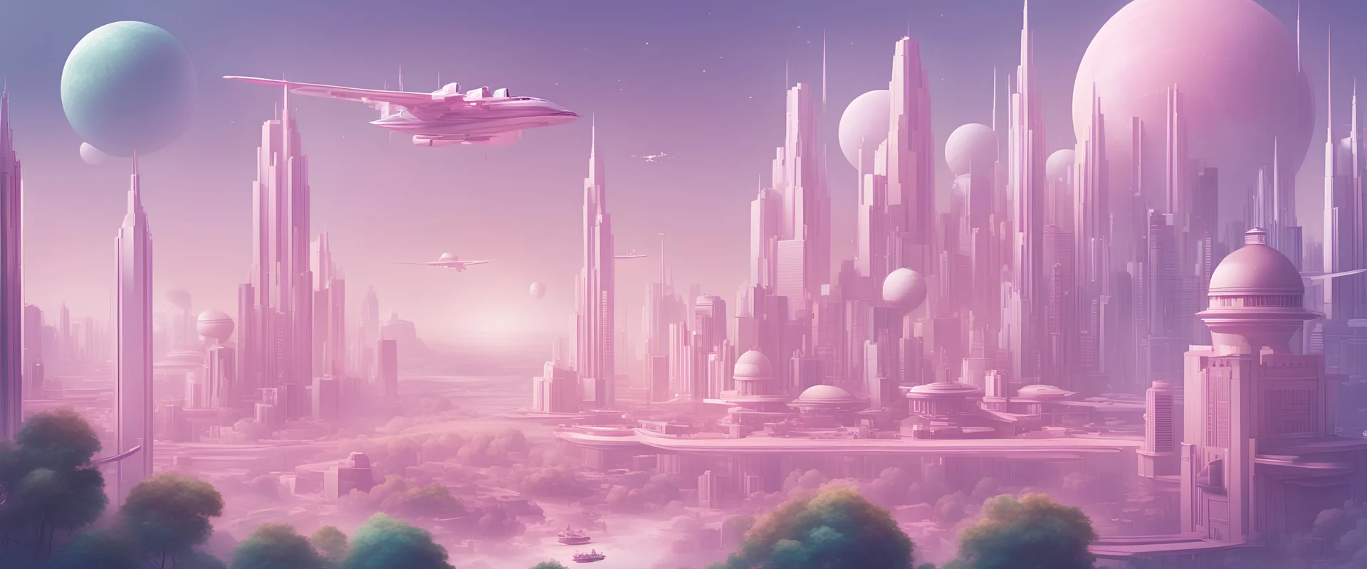 A futuristic soft pink and withe ethereal city with a lot of tall rounded buildings, people and spacecraft and light green trees. First plane there is just one little sweet house. Detailed hd style.