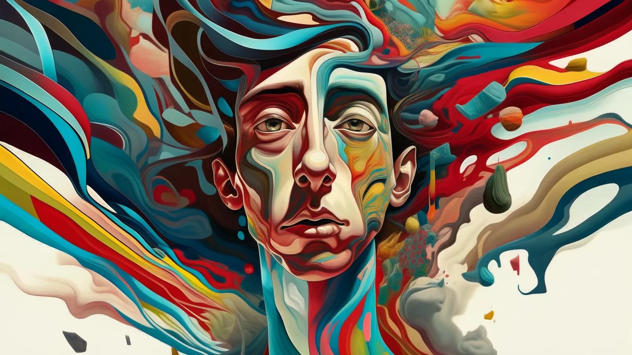 A surreal digital illustration showcasing a fragmented and distorted self-portrait, symbolizing the fragmented sense of self experienced by someone with a personality disorder. The image features multiple overlapping images of the same person, each with a different expression and posture, creating a sense of inner discord and confusion. The background is a swirling vortex of colors and shapes, representing the chaotic nature of the individual's mind. The overall composition is designed to challe