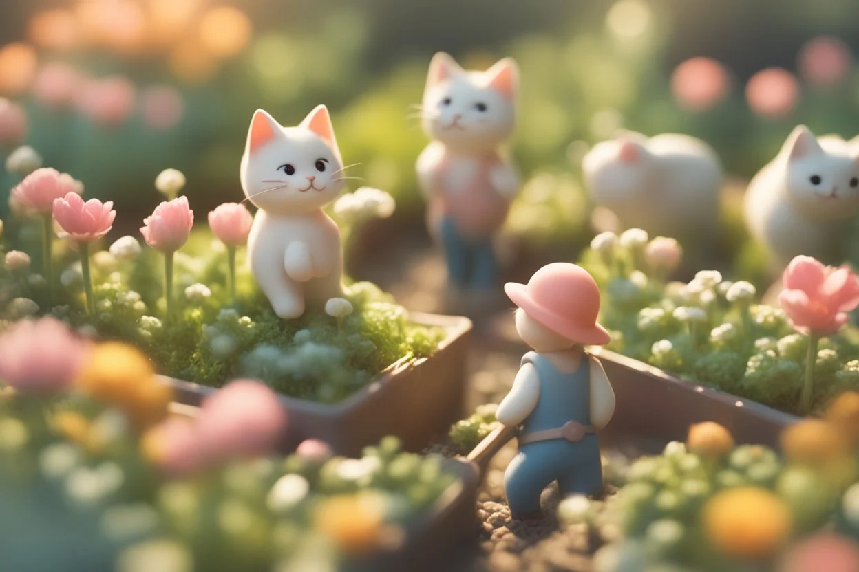 top view of a miniature flower farm scene with cute chibi anime gardener cats tending to the flower fields S<AI in sunshine, photorealistic, 3D, ethereal, cinematic postprocessing, bokeh, dof