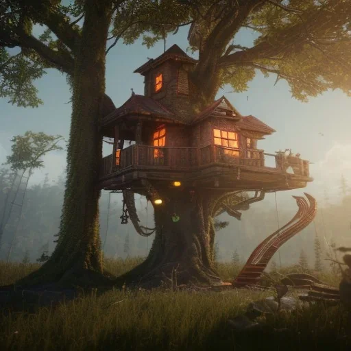 Tree house, fantasy unreal 5, octane render, cinema4d, redshift render, hyper realistic, cenematic, vibrancy, synthwave, retouch, centered, dynamic lighting, dramatic lighting, 4k, highly detailed, attractive beautiful, realistic, virtual reality, epic composition, holographic,