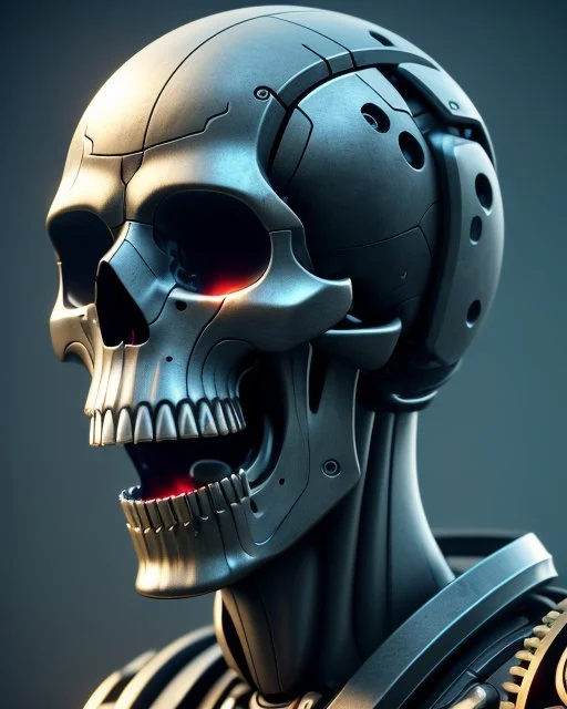 female gears skeleton laughing with open mouth. Intricate mech details, ground level shot, 8K resolution, Cinema 4D, Behance HD, polished metal, Unreal Engine 5, rendered in Blender, sci-fi, futuristic, trending on Artstation, epic, cinematic background, dramatic, atmospheric