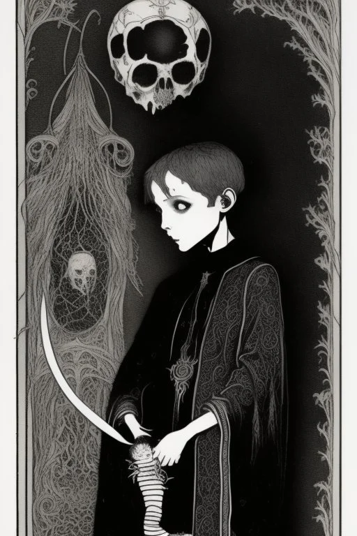 7 year old boy, necromancer, friendly, looks dead,with a long lamprey emerging from his belly , wearing black robes, in the style of Harry Clarke