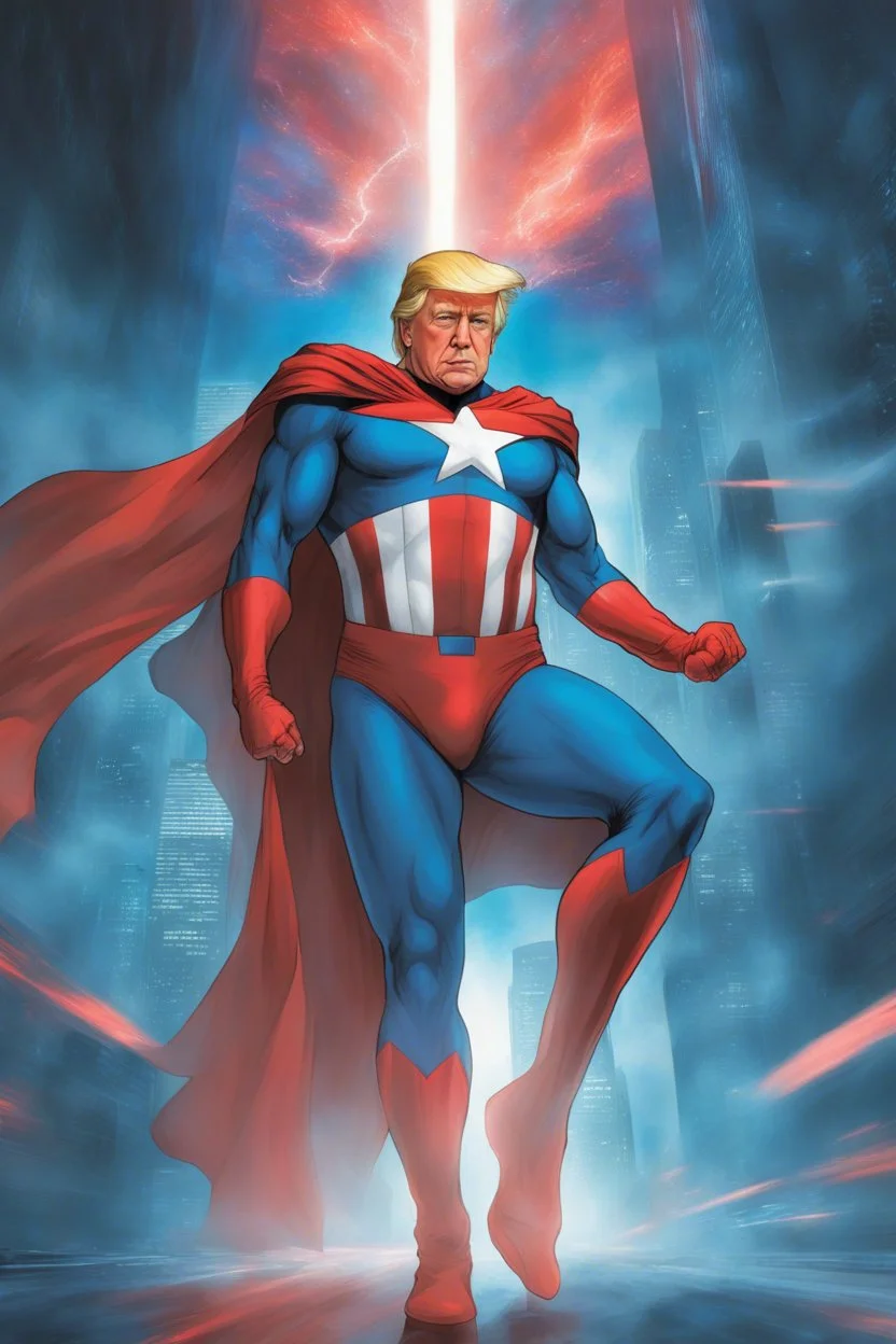 Donald Trump as 'Maga Man,' Extremely Muscular, Skintight, formfitting, red, white-and-blue bodysuit, blue cape, silver boots, Multicolored vortex, neon lit futuristic cityscape, mist, fog, speed, extremely overexaggerated musculature, "MAGA MAN"