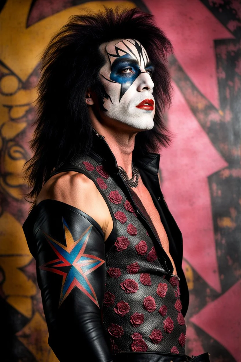 text 'KISS' - head and shoulders portrait, KISS - Paul Stanley, Black star on right eye, Chest and stomach hair, rose tattoo on right shoulder, black spandex and leather, 8-inch high platform boots, - a multicolored cement wall in the background,