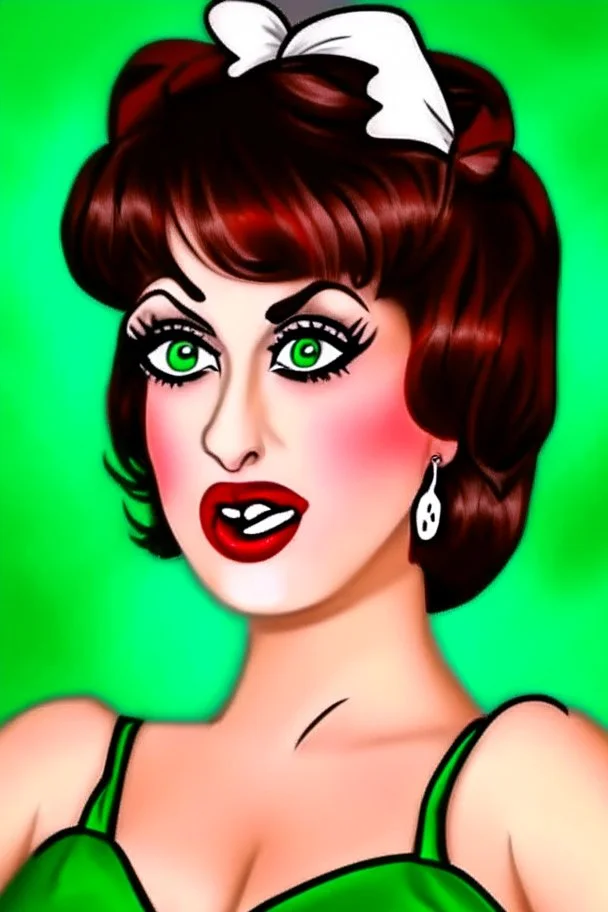 full body cartoon portrait of a sexy European lady with short brown hair and makeup, seductive green eyes, pouty bright red cocksucker lips, wearing French Maid dress and stayups