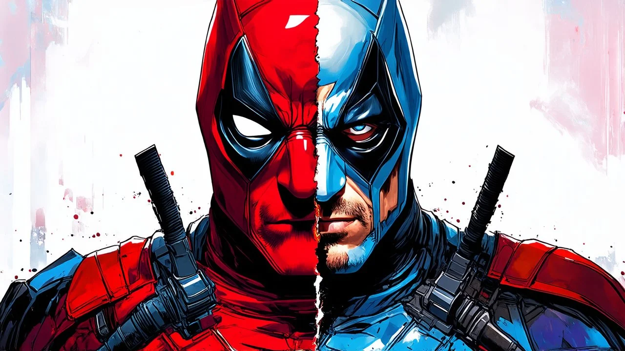 Poster in two gradations, split in half, one side "deadpool", other side "batman", midline of the face, painting by Yoji Shinkawa, tones and colours randoms, , detailed iridescent, metallic, translucent, dramatic lighting, hyper futuristic, digital art,
