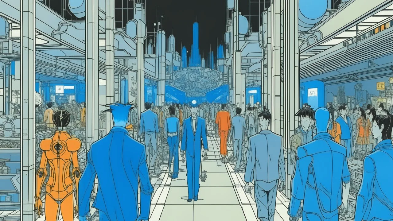 An illustration by Kuniyoshi and and Picasso of tech-people walking inside a futuristic matrix world.