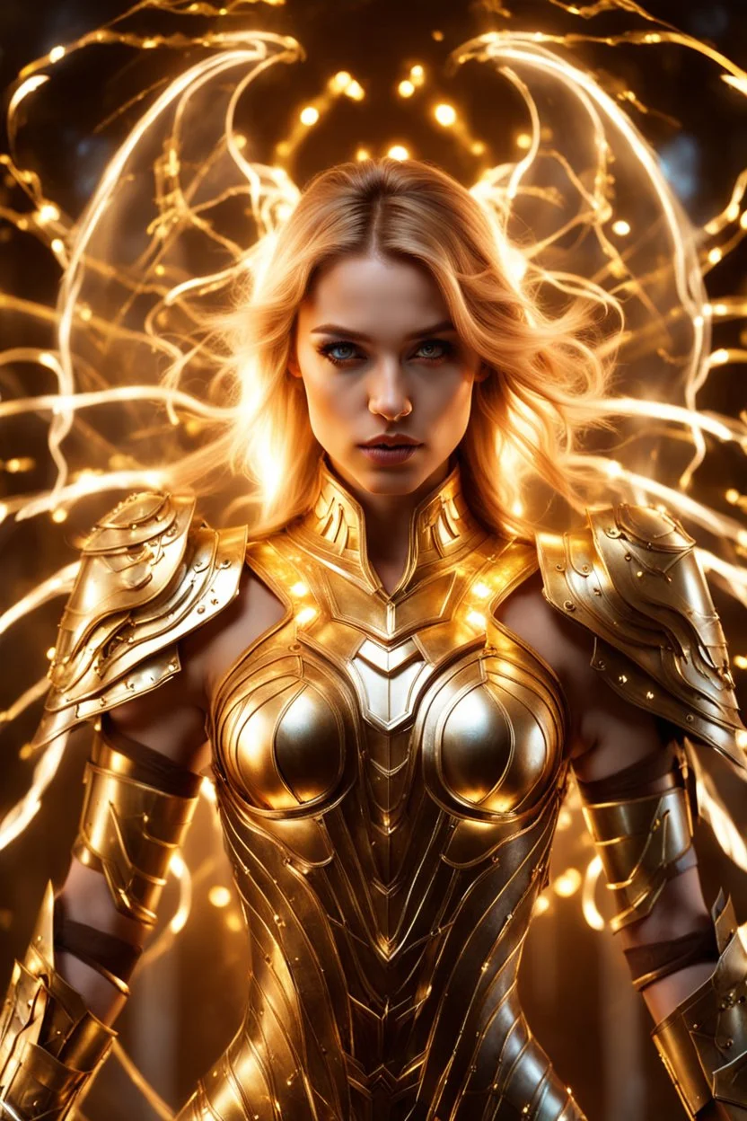 Photograph pretty Angel woman armor long hair stand face front in impact picture,translucent and glowing metallic patterns,glowing metal objects hovering in the air and surrounding him,Electric arcs and sparks,flow of energy,translucent magnetic lines,golden and shimmering light effects