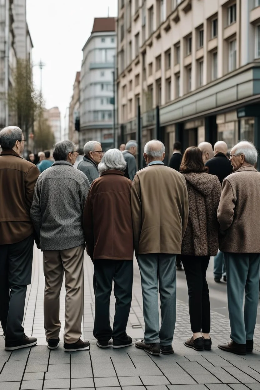 personas de mediana edad de espaldas abrazadas en una calle de una ciudad. Color. Ilustración