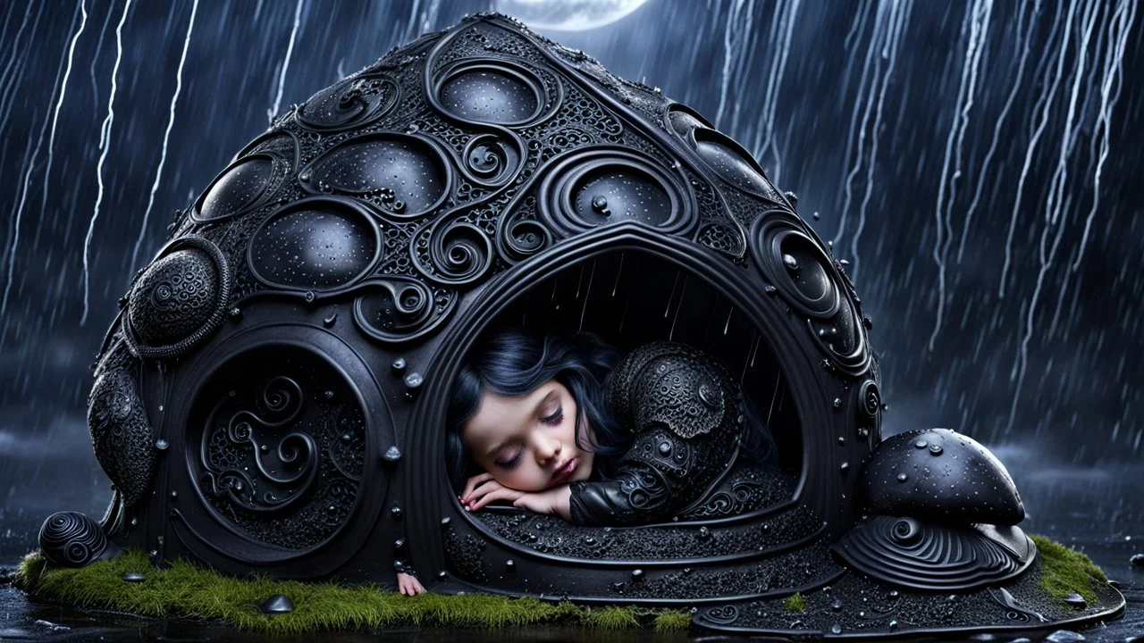 little dark witch fairy sleeps in her stunning lacy-onix gothic snail house, storm, rain, volumetric light, dark colors, rain drops, dark tendrils in background, fantasy, scifi, dark fantasy , dark stunning mood intricate details, beautifully shot, hyperrealistic, sharp focus, 64 megapixels, perfect composition