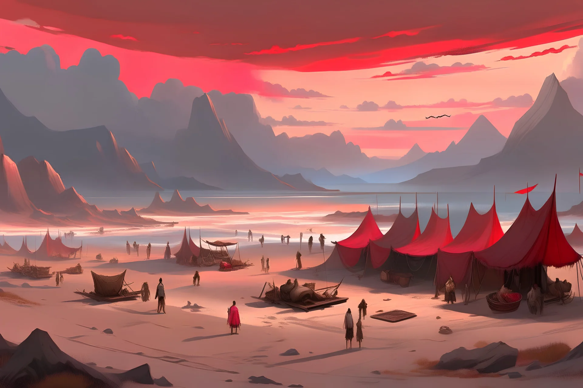 painting, landscape, artistic, illustration, artstation, black desert, black sand, bleak, pale red sky, large bustling camp, vereshagin style