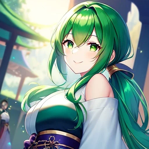 girl, masterpiece, best quality, volumetric lighting, detailed outfit, perfect eyes, long hair, green hair, green eyes, obi, low ponytail, smile,