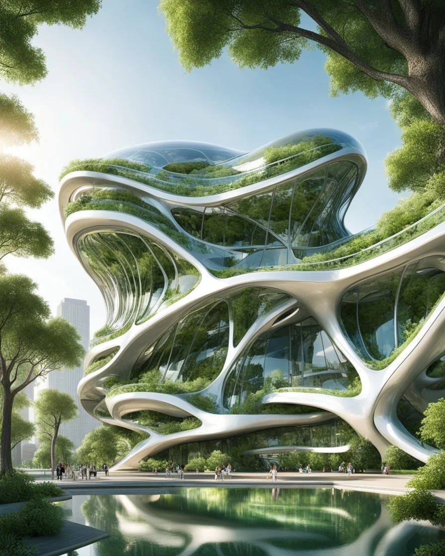 Stunning futuristic architectural masterpiece, biomorphic organic structure that combines nature and technology. A futuristic city, with polished chrome buildings and glass windows, fascinating summer weather. Intricate details and cantilevered sections. Trees, green areas and people