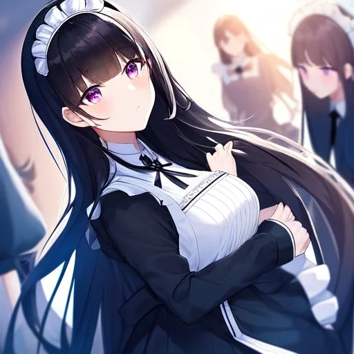 Clear focus,High resolution, black long fluffy hair, long fluffy bangs, purple eyes, wearing a maid outfit, short skirt