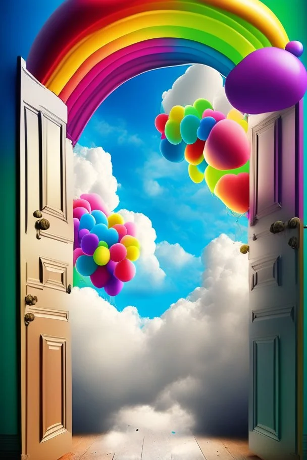 A (((door balloon digital backdrop with clouds rainbow))), where colorful balloons form a ((vibrant clouds wall)) that stands out against a modern, ((digital background)), Renaissance