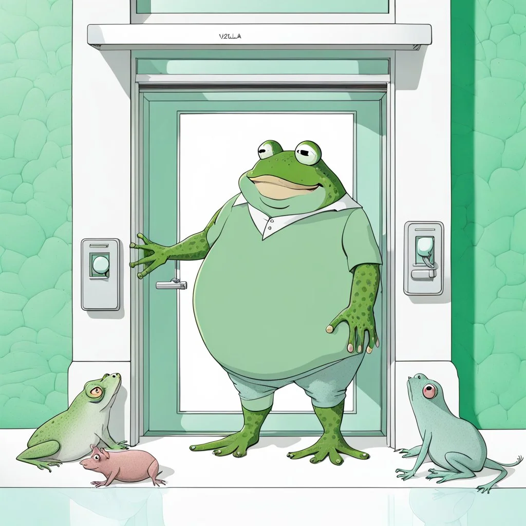 digital illustration from a fat anthropomorphic frog with gray-green skin in human cloths stand front an white-glass modern restorante door with a paper his hand, a lot of creatures stand back to the camera and opposite and looking the frog, some smaller like a pig, larger like a Vizzla body alien, bristled mutant, light-colored tall and squat pig-like creature , a mutant rabbit-like alien, a dark brown anthropomorphic rhinoceros head, sci-fi, fantasy