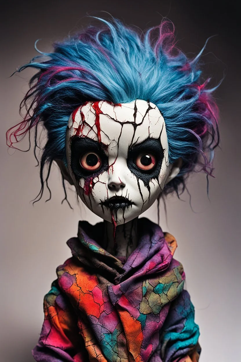 full color, illustration of a dark, menacing, monster girl, as a decayed, broken, crude homemade cloth doll toy, with a narrow cracked porcelain face, thick dark eyebrows, hair made from ragged strips of cloth, in the style of Brom, Alex Pardee, and Masahiro Ito, bold vibrant color