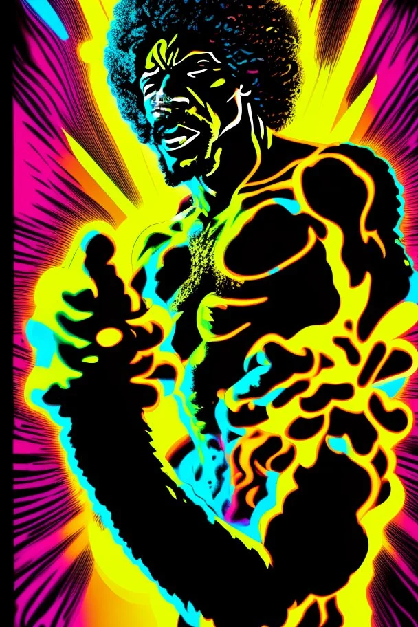 70s Black light poster design in the style of George Goode, featured “a black man rais[ing] his unshackled fist while the background bursts with fluorescent yellow flame.” neon fluorescent glow, psychedelic, bright, shimmering, fluorescent colors pop and sizzle, mystique, cosmic