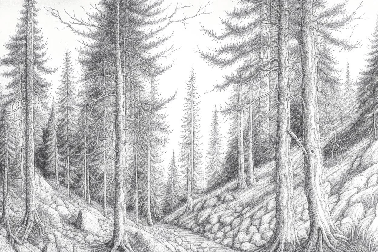 Norwegian forest, woodland- Pencil drawing, illustrative, graphite, crosshatching