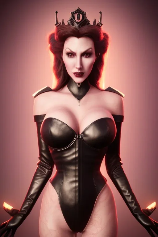 Brandi Love as evil queen in black leather, leather, busty, cleavage, angry, stern look. character design by cory loftis, fenghua zhong, ryohei hase, ismail inceoglu and ruan jia. unreal engine 5, artistic lighting, highly detailed, photorealistic, fantasy