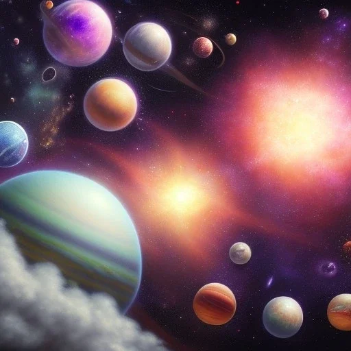 galaxy, nirvana, fantasy world,gas planets,with clouds,a couple of planets that are in the sky, abstract 3 d artwork, ufotable art style, dreamy and detailed,the planets are formed from clouds,the sky has stars, the planets are colored with red black purple violet,like a aurora borealis,no sun in picture