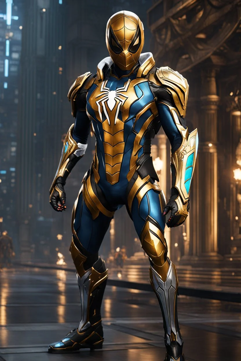 Full body Spider man ultra advanced warframe with the whole and full body full armor with ultra sophisticated machine compagnon ultra high resolution and details,walk in street city bussy