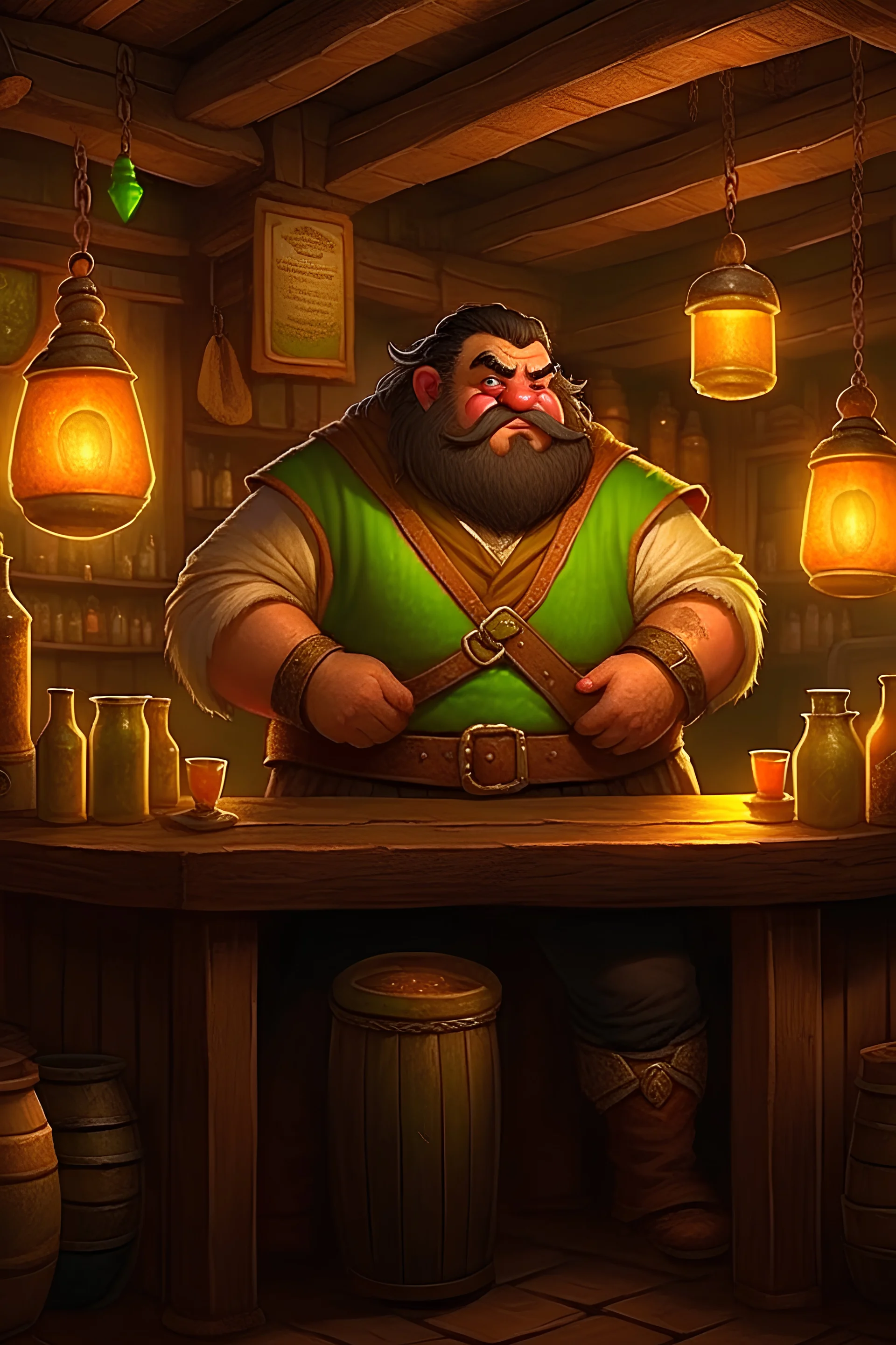 a dwarf looking stocky bartender in a tavern serving some drinks, in a cozy atmosphere during a quiet night