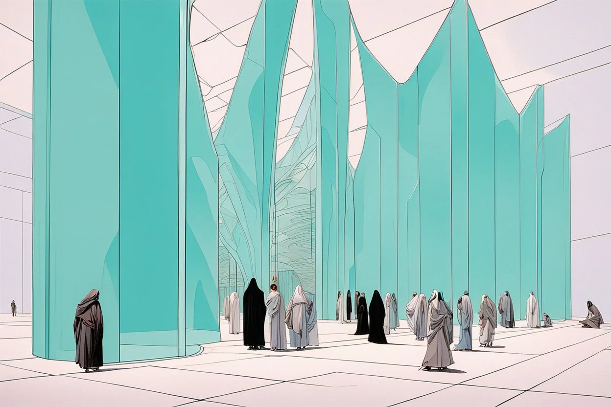 a group of people outside a futuristic gothic_arab glass gate in a turquoise wall by artist "Zaha Hadid",by artist "Richard Dadd", highly detailed