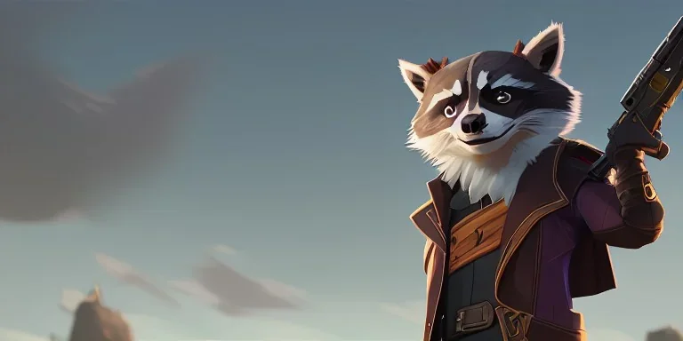 A raccoon with a gun wearing a cape that looks like rocket from guardians of the galaxy